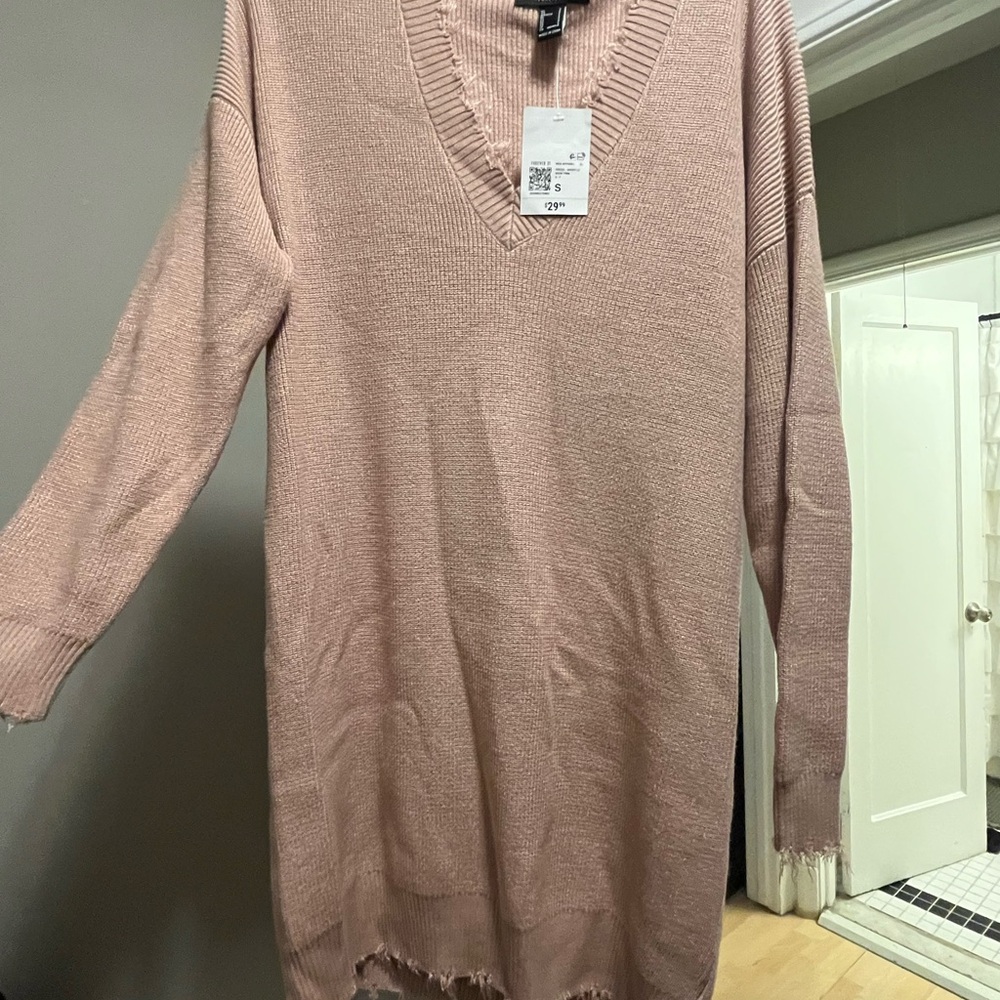 Forever 21 Distressed V‑Neck Knit Dress in Nude Pink